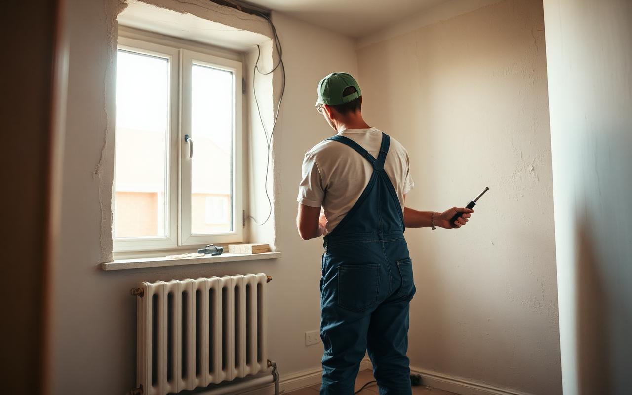 Handwerker bei Sanierungsarbeiten in einem Wohnraum